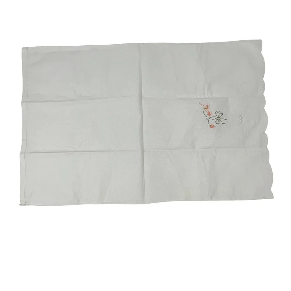 Vintage Hand-Embroidered Tea Towels White Pink Flowers Set of 2